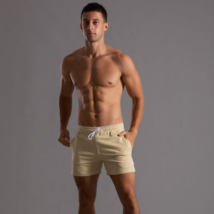Men's Retro Polyester Ribbed Swim Shorts | Quick-Drying | Elastic Waist with Drawstring | Short Slim Fit | Inner Lining | Beige, Olive Green, Black