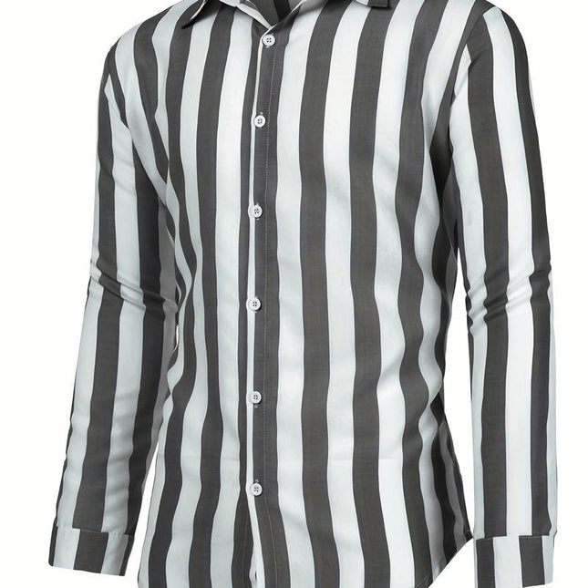 Men's Striped Long-Sleeve Shirt | Button-Up Closure | Relaxed Fit | Cotton-Polyester Blend | Adjustable Cuffs | Casual or Smart-Casual Style | Sizes S-6XL | Color Options: Grey, Green, Yellow, Red, Blue
