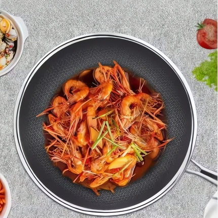 Stainless Steel Titan Pan | Food-Grade 304 | Three-Layer Design | Non-Stick Surface | Ergonomic Stay-Cool Handle | Brushed Finish | Compatible with All Stovetops | Dishwasher Safe | Tempered Glass Lid Included