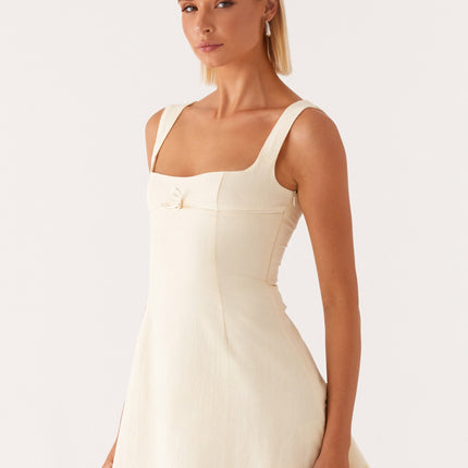 Cadence Mini Dress | Yellow Square Neckline | Bodycon Fit | Thick Straps | Front Bow Trim | Bustier Detailing | Open Back | Fully Lined | 100% Cotton | Side Hook and Eye & Invisible Zipper Closure