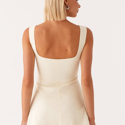 Cadence Mini Dress | Yellow Square Neckline | Bodycon Fit | Thick Straps | Front Bow Trim | Bustier Detailing | Open Back | Fully Lined | 100% Cotton | Side Hook and Eye & Invisible Zipper Closure
