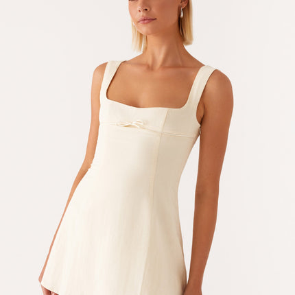 Cadence Mini Dress | Yellow Square Neckline | Bodycon Fit | Thick Straps | Front Bow Trim | Bustier Detailing | Open Back | Fully Lined | 100% Cotton | Side Hook and Eye & Invisible Zipper Closure