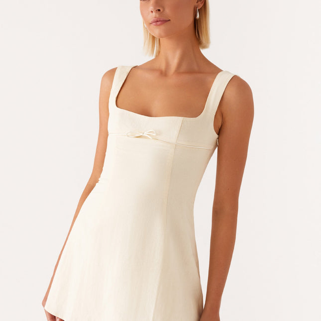 Cadence Mini Dress | Yellow Square Neckline | Bodycon Fit | Thick Straps | Front Bow Trim | Bustier Detailing | Open Back | Fully Lined | 100% Cotton | Side Hook and Eye & Invisible Zipper Closure