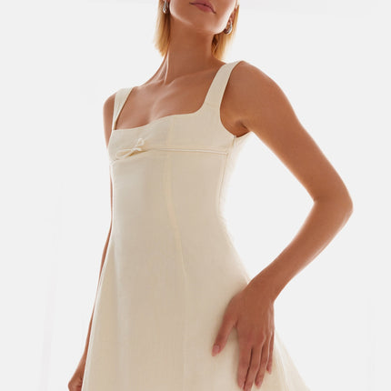 Cadence Mini Dress | Yellow Square Neckline | Bodycon Fit | Thick Straps | Front Bow Trim | Bustier Detailing | Open Back | Fully Lined | 100% Cotton | Side Hook and Eye & Invisible Zipper Closure