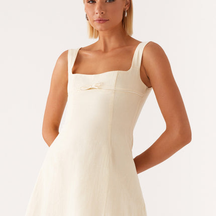 Cadence Mini Dress | Yellow Square Neckline | Bodycon Fit | Thick Straps | Front Bow Trim | Bustier Detailing | Open Back | Fully Lined | 100% Cotton | Side Hook and Eye & Invisible Zipper Closure