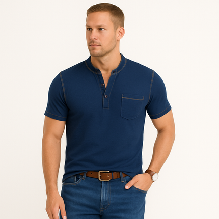 Armoire Melbourne Men's Henley Collar Polo | Short Sleeves | Colorblock Design | Slim Fit | Soft Breathable Fabric | Versatile Casual Wear | Multiple Colors | Fashionable Comfort for Young and Older Men