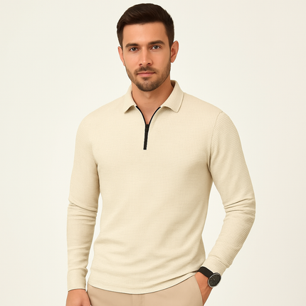 Armoire Melbourne | Men's Casual Waffle Textured Zip Pullover | Long Sleeve Polo | Versatile & Stylish | Ideal for Casual & Office Wear | Comfortable Fit | Easy Care | Perfect for Every Season