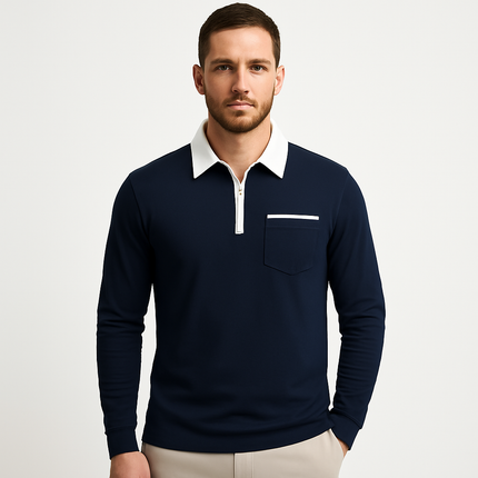 Armoire Melbourne | Men's Color Block Long Sleeve Polo Shirt with Chest Pocket | Casual Cotton Blend