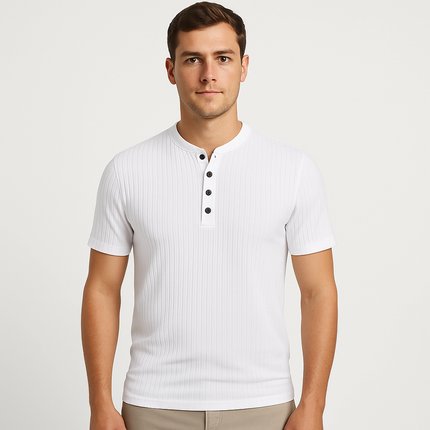 Men's Henley T-Shirt | Muscle Fit | High-Stretch Spandex & Polyester Blend | Button Detail | Versatile Casual Wear | Available in White, Black, Green, Khaki, Blue | Sizes S-3XL