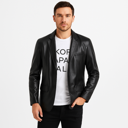 Armoire Melbourne | Men's Premium Leather Jacket | Buttoned Closure | Timeless Design | Comfortable Tailored Fit | Versatile Outerwear | Multiple Pockets | Durable & Stylish | Black | Size Range - Medium to XXL