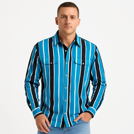 Armoire Melbourne Men's Casual Loose Fit Retro Color Block Striped Long Sleeve Shirt | Soft Lightweight Fabric | Versatile Fashionable Top for Everyday Comfort | Bold Stripe Pattern | Ideal for Relaxed Outings
