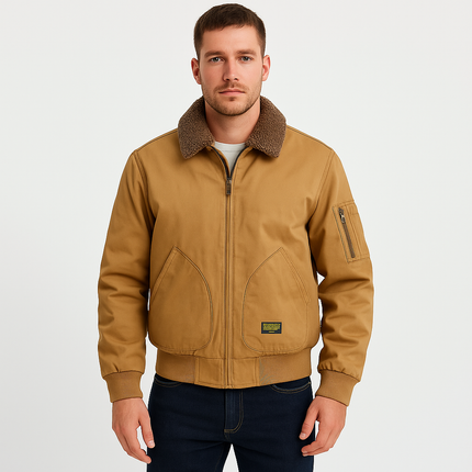Men's Durable Heavy-Duty Cotton Canvas Bomber Jacket | Sherpa-Lined for Warmth | Wind-Resistant | Classic Fit | Versatile for Work and Outdoor Activities | Multiple Utility Pockets | Stylish Comfort