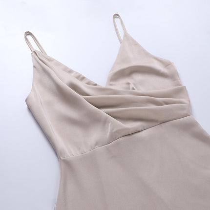 VISCONTE | Midi Dress with Spaghetti Straps | Backless Wrap Style | Curve-Enhancing Draped Design | Elegant Slit