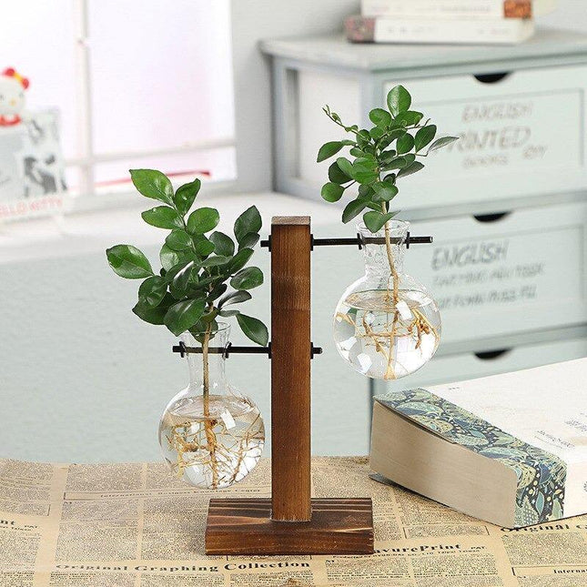 Glass Propagation Vase | Vertical Wooden Stand | 360° View | Decorative Glass Planter for Home Office | Durable Borosilicate Glass | Natural Wood Bracket | Ideal for African Violets and More | Easy Assembly