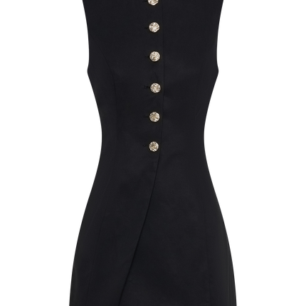 Emilie Dress | Lightweight Twill Mini Dress | High Neckline with Gold Buttons | Wrap Style Skirt | Body Skimming with Back Tie | Lined and Slight Sheen | Fashionable and Tailored Fit | True to Size