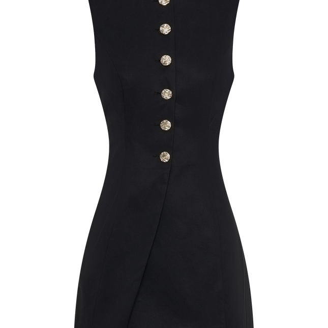 Emilie Dress | Lightweight Twill Mini Dress | High Neckline with Gold Buttons | Wrap Style Skirt | Body Skimming with Back Tie | Lined and Slight Sheen | Fashionable and Tailored Fit | True to Size