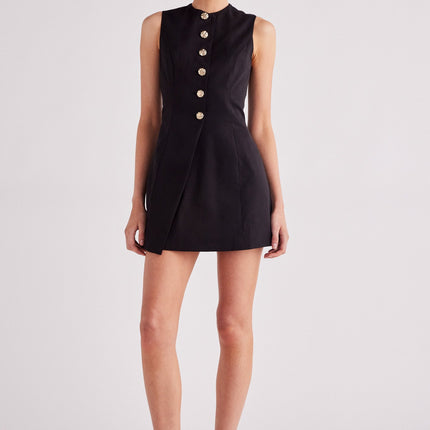Emilie Dress | Lightweight Twill Mini Dress | High Neckline with Gold Buttons | Wrap Style Skirt | Body Skimming with Back Tie | Lined and Slight Sheen | Fashionable and Tailored Fit | True to Size