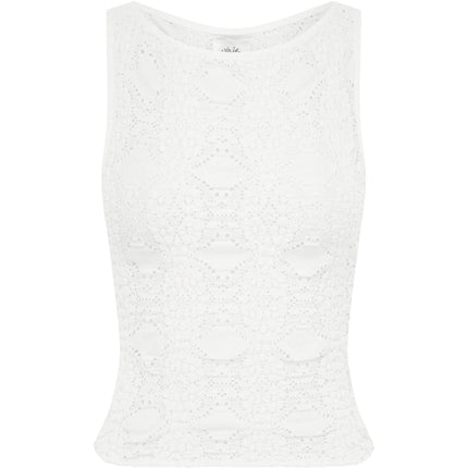 Maeve Slim Fit Long Line Top | Custom Embroidery Detailing | White