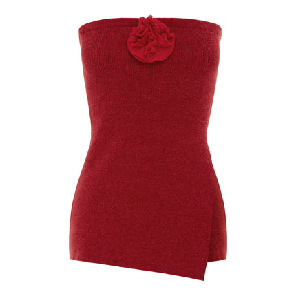 Straight Neck Boobtube Top | Asymmetric Split Detail | Self Fabric Flower Neck Accent | Red