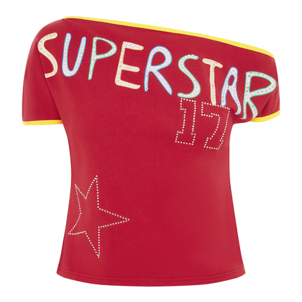 Superstar Seven Off-the-Shoulder Tee | Red | Studded Graphic | Straight Neckline