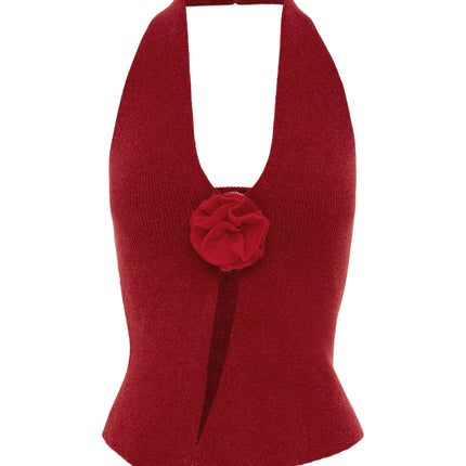 Halter Neck Rose Top | Open Front Design | Red | Bust Flower Detail | Women's Fashion Top