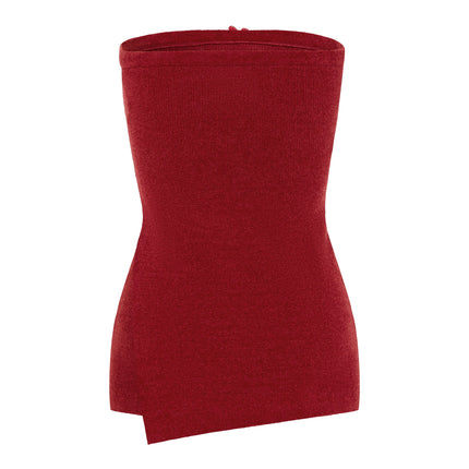 Straight Neck Boobtube Top | Asymmetric Split Detail | Self Fabric Flower Neck Accent | Red