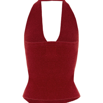Halter Neck Rose Top | Open Front Design | Red | Bust Flower Detail | Women's Fashion Top