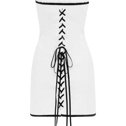 Sabrin Corset-Style Strapless Dress | White Embroidery Lace Detail | Hook and Eye Closure | Ribbon Lace-Up Back