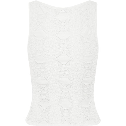 Maeve Slim Fit Long Line Top | Custom Embroidery Detailing | White