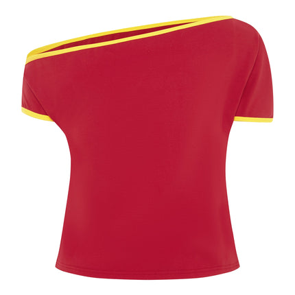 Superstar Seven Off-the-Shoulder Tee | Red | Studded Graphic | Straight Neckline