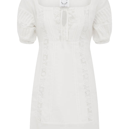 Ophelia Adjustable Tie Back Mini Dress | Lace Trim | White