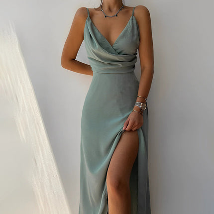 VISCONTE | Midi Dress with Spaghetti Straps | Backless Wrap Style | Curve-Enhancing Draped Design | Elegant Slit