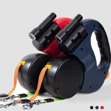 DuoPaw Retractable Leash | Dual Dog Control | 360° Tangle-Free | Reflective Design | Built-in Flashlight | 3m Length | For Dogs Up to 30 kg | Color-Coded Buttons for Easy Use