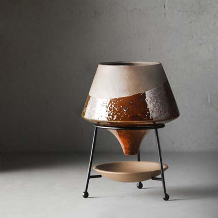 Glazed Terracotta Teardrop Planter with Metal Stand | Indoor Pot with Saucer | 12" H, 9" Diameter | Modern Drainage Hole Design