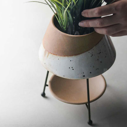 Glazed Terracotta Teardrop Planter with Metal Stand | Indoor Pot with Saucer | 12" H, 9" Diameter | Modern Drainage Hole Design