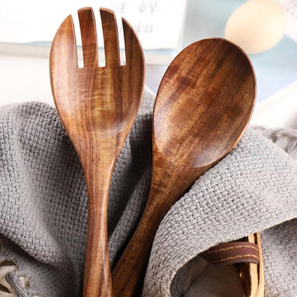 Natural Acacia Wood | Handcrafted Salad Spoon & Fork Set | Scratch & Water Resistant | 26cm Serving Utensils | Lightweight & Antibacterial | Perfect for Kitchen, Dining & Housewarming Gifts