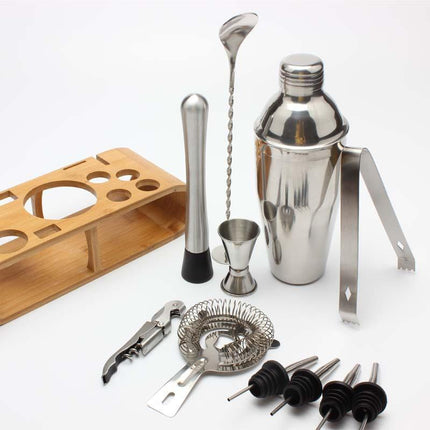 Mixology Cocktail Set | Stainless Steel Bar Tool Kit | Bamboo Stand | Shaker 750ml | Bar Spoon | Muddler | Strainer | Jigger | Ice Tongs | Pourers Set of 4 | Bottle Opener | Home Cocktail Maker