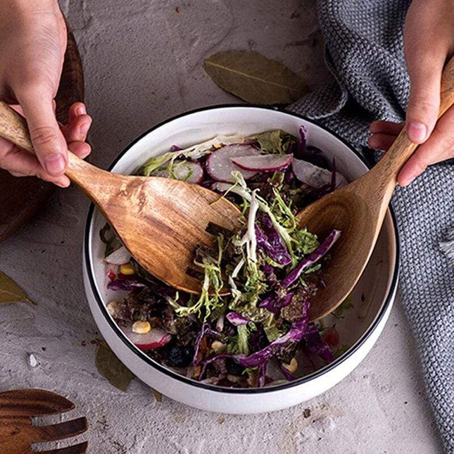 Natural Acacia Wood | Handcrafted Salad Spoon & Fork Set | Scratch & Water Resistant | 26cm Serving Utensils | Lightweight & Antibacterial | Perfect for Kitchen, Dining & Housewarming Gifts