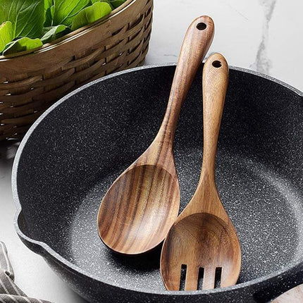 Natural Acacia Wood | Handcrafted Salad Spoon & Fork Set | Scratch & Water Resistant | 26cm Serving Utensils | Lightweight & Antibacterial | Perfect for Kitchen, Dining & Housewarming Gifts