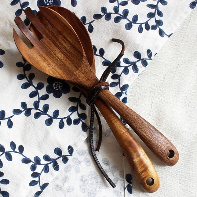 Natural Acacia Wood | Handcrafted Salad Spoon & Fork Set | Scratch & Water Resistant | 26cm Serving Utensils | Lightweight & Antibacterial | Perfect for Kitchen, Dining & Housewarming Gifts