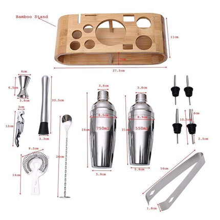Mixology Cocktail Set | Stainless Steel Bar Tool Kit | Bamboo Stand | Shaker 750ml | Bar Spoon | Muddler | Strainer | Jigger | Ice Tongs | Pourers Set of 4 | Bottle Opener | Home Cocktail Maker