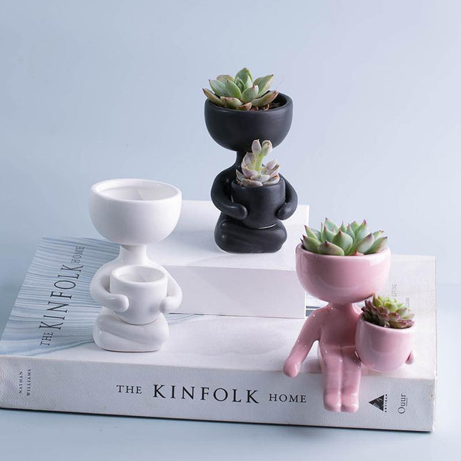 Charming Little Human Succulent Planter | Glazed Ceramic | Decorative Indoor Pot with Drainage | Creative Design for Small Plants and Cuttings | Ideal for Home or Office Decor | Perfect Gift for Plant Enthusiasts