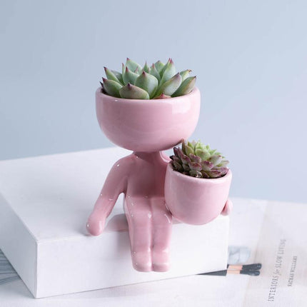 Charming Little Human Succulent Planter | Glazed Ceramic | Decorative Indoor Pot with Drainage | Creative Design for Small Plants and Cuttings | Ideal for Home or Office Decor | Perfect Gift for Plant Enthusiasts