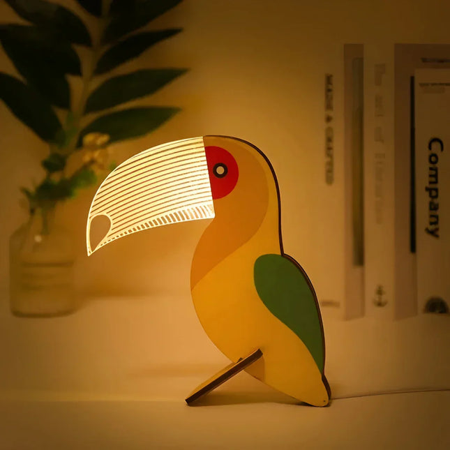 Wooden Animal Table Lamp | LED Night Light for Kids | USB-Powered | Acrylic & Wood Design | Pelican, Sirius, Whale, Toucan Motifs | Touch Switch | Soothing Soft Glow | WildGlow