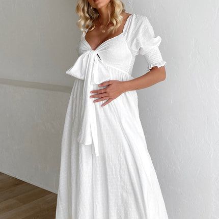 White Cotton Midi Reversible Dress | Relaxed Fit | Shirred Bodice | Mid-Length Balloon Sleeves | Adjustable Tie | Textured Dobby Fabric | Versatile Styling | Ideal for Maternity | Day to Night Wear