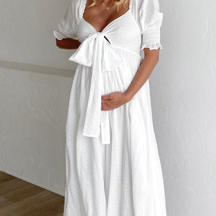 White Cotton Midi Reversible Dress | Relaxed Fit | Shirred Bodice | Mid-Length Balloon Sleeves | Adjustable Tie | Textured Dobby Fabric | Versatile Styling | Ideal for Maternity | Day to Night Wear