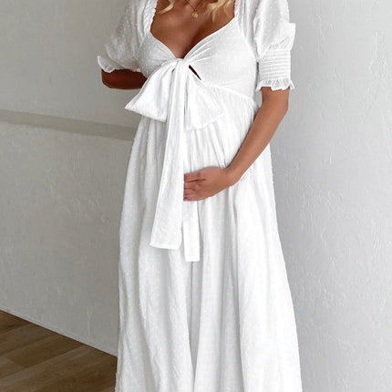White Cotton Midi Reversible Dress | Relaxed Fit | Shirred Bodice | Mid-Length Balloon Sleeves | Adjustable Tie | Textured Dobby Fabric | Versatile Styling | Ideal for Maternity | Day to Night Wear