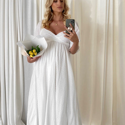 White Cotton Midi Reversible Dress | Relaxed Fit | Shirred Bodice | Mid-Length Balloon Sleeves | Adjustable Tie | Textured Dobby Fabric | Versatile Styling | Ideal for Maternity | Day to Night Wear