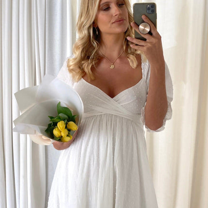 White Cotton Midi Reversible Dress | Relaxed Fit | Shirred Bodice | Mid-Length Balloon Sleeves | Adjustable Tie | Textured Dobby Fabric | Versatile Styling | Ideal for Maternity | Day to Night Wear