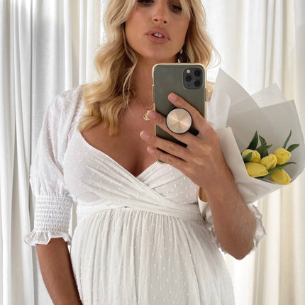 White Cotton Midi Reversible Dress | Relaxed Fit | Shirred Bodice | Mid-Length Balloon Sleeves | Adjustable Tie | Textured Dobby Fabric | Versatile Styling | Ideal for Maternity | Day to Night Wear